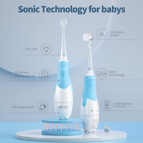 Szczoteczka soniczna dla dzieci SEAGO, kolor niebieski, 1xAAA 1,5V (brak w zestawie), 4 końcówki, SG-513 Blue SEAGO Szczoteczka soniczna dla dzieci SEAGO, kolor niebieski, 1xAAA 1,5V (brak w zestawie), 4 końcówki, SG-513 Blue SEAGO