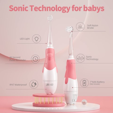Szczoteczka soniczna dla dzieci SEAGO, kolor różowy, 1xAAA 1,5V (brak w zestawie), 4 końcówki, SG-513 Pink SEAGO Szczoteczka soniczna dla dzieci SEAGO, kolor różowy, 1xAAA 1,5V (brak w zestawie), 4 końcówki, SG-513 Pink SEAGO