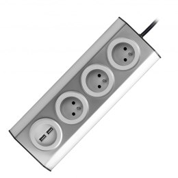 Gniazdo meblowe, kuchenne z ładowarką USB, montowane na rzepy z przewodem 1,5m - 3x2P+Z, 2xUSB, INOX z przewodem 1,5m. Orno