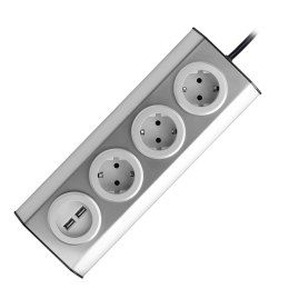 Gniazdo meblowe, kuchenne z ładowarką USB, montowane na rzepy z przewodem 1,5m - 3x2P+Z schuko, 2xUSB, INOX z przewodem 1,5m. Orno