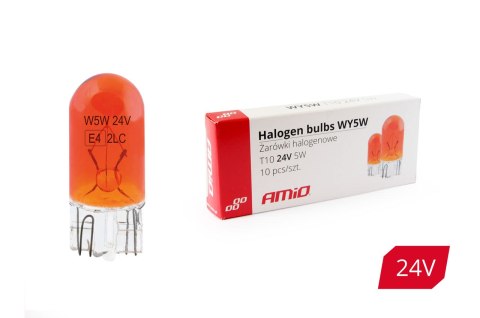 01001 Żarówki halogenowe WY5W T10 5W W2.1x9.5d Amber 24V 10 sztuk AMiO