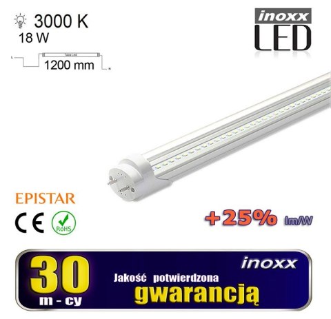 Świetlówka led 120cm 18w t8 3000k g13 ciepła przezroczysta dwustronna NVOX