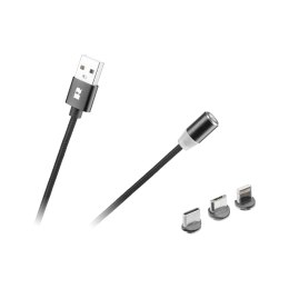 Kabel USB magnetyczny 3w1 microUSB, USB typu C, Lightning 100 cm czarny Rebel