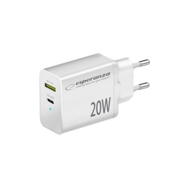 EZC105W Esperanza ładowarka sieciowa 20w usb-c pd 20w / usb-a qc 3.0 18w biała Esperanza