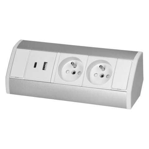 Gniazdo meblowe 2x2P+Z, 2xUSB (typ A+C; 2,4A), biało-srebrne Orno