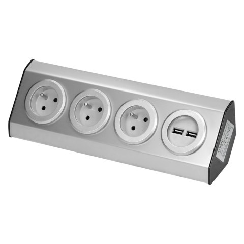 Gniazdo meblowe, kuchenne montowane na rzepy, z ładowarką USB - 3x2P+Z, 2xUSB, INOX. Orno