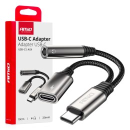 Adpater rozgałęźnik usb-c na usb-c + mini jack 3.5mm 10cm amio-04295 AMiO