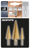 Wiertła stopniowe: 4-12, 4-20, 4-32 mm, TiN, zestaw 3 szt. GRAPHITE