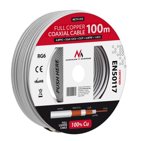 Kabel koncentryczny Maclean, Przewód antenowy satelitarny, RG61.02CU+4.8FPE+CU/P+32*0.12CU+6.8PVC, 100M, MCTV-472 Maclean