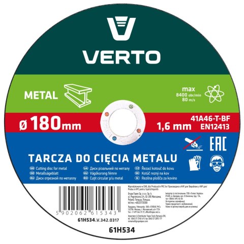 Tarcza tnąca do metalu 180 x 1.6 x 22.2 mm VERTO