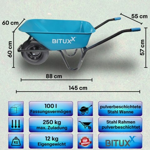 Taczka Ogrodowa Solidna taczka 100L jednokołowa niebieska Mocna 250kg BITUXX® Taczka Ogrodowa Solidna taczka 100L jednokołowa niebieska Mocna 250kg BITUXX®