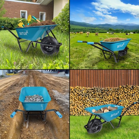 Taczka Ogrodowa Solidna taczka 100L jednokołowa niebieska Mocna 250kg BITUXX® Taczka Ogrodowa Solidna taczka 100L jednokołowa niebieska Mocna 250kg BITUXX®