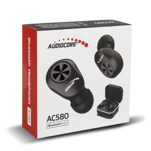 Douszne słuchawki TWS BT 5.1 Audiocore z bazą do ładowania 300mAh, słuchawki 30mAh, czarne AC580 Audiocore Douszne słuchawki TWS BT 5.1 Audiocore z bazą do ładowania 300mAh, słuchawki 30mAh, czarne AC580 Audiocore